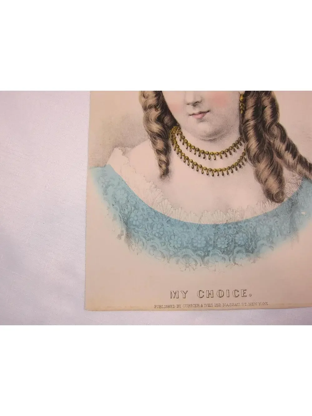 Antique Currier & Ives My Choice Beautiful Girl Hand Colored Lithograph 12 x 9